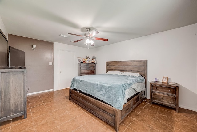 bedroom with ceiling fan, tile patterned flooring, visible vents, and baseboards