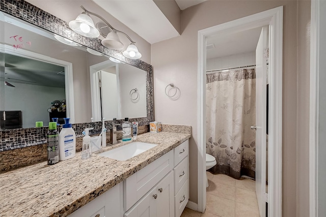 full bath featuring decorative backsplash, tile patterned flooring, vanity, and toilet