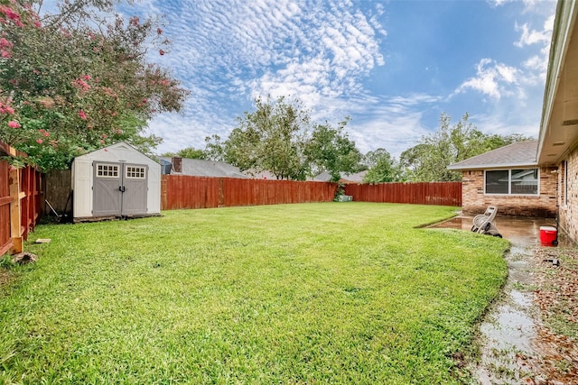 view of yard featuring a storage shed, a fenced backyard, and an outbuilding