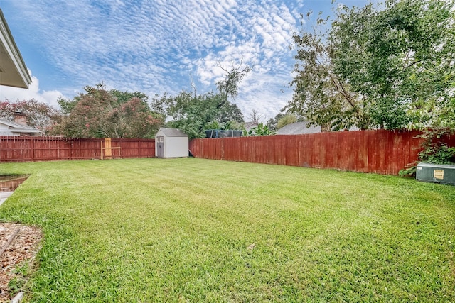 view of yard with a storage shed, a fenced backyard, and an outbuilding