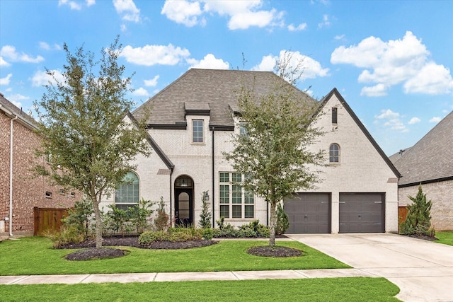 french provincial home featuring concrete driveway, a garage, brick siding, and a front lawn