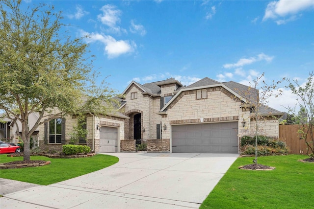 french provincial home with driveway, stone siding, a front lawn, an attached garage, and fence
