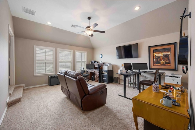 carpeted living area featuring visible vents, baseboards, ceiling fan, recessed lighting, and vaulted ceiling