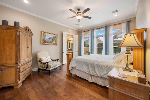 bedroom with ornamental molding, visible vents, recessed lighting, baseboards, and dark wood-style floors