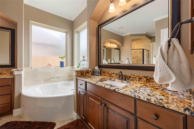 bathroom featuring a whirlpool tub, vanity, ornamental molding, and a stall shower