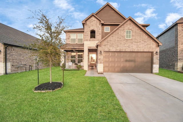 traditional-style house with a garage, a front lawn, concrete driveway, and brick siding