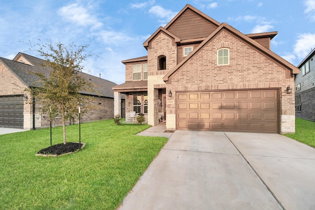 view of front of home featuring a front yard, concrete driveway, and brick siding