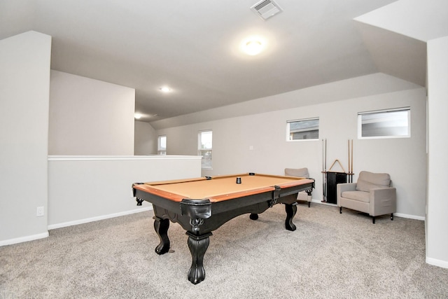 game room with light carpet, baseboards, visible vents, lofted ceiling, and pool table