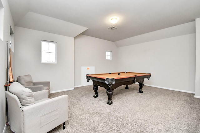 rec room with lofted ceiling, pool table, visible vents, baseboards, and carpet