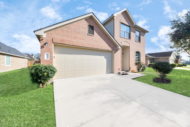 traditional home featuring concrete driveway, brick siding, and a front lawn