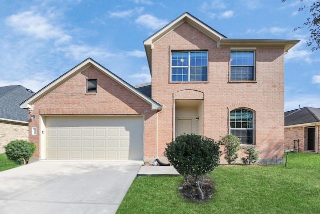 view of front of property featuring driveway, brick siding, a garage, and a front yard