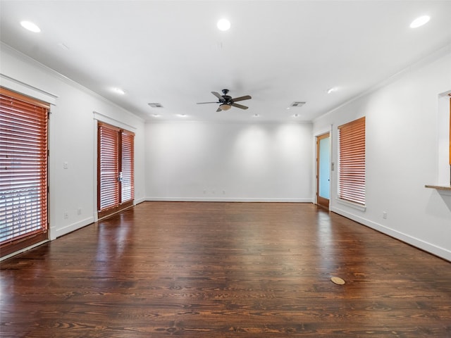 unfurnished room featuring crown molding, dark wood finished floors, recessed lighting, ceiling fan, and baseboards