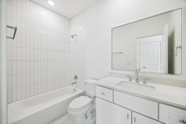 full bath with toilet, marble finish floor, shower / bathing tub combination, and vanity