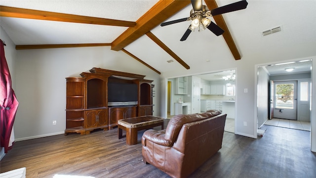 living room with lofted ceiling with beams, dark wood-style floors, visible vents, and baseboards