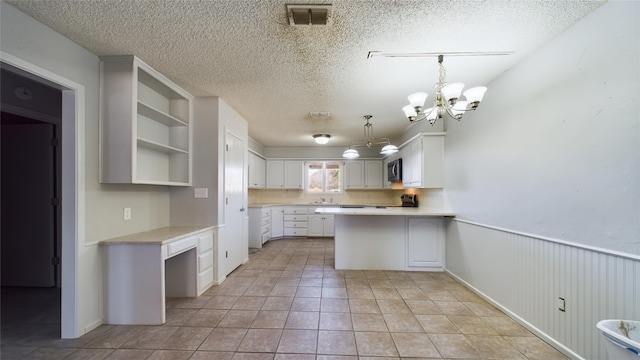 kitchen featuring light countertops, visible vents, white cabinets, and a peninsula