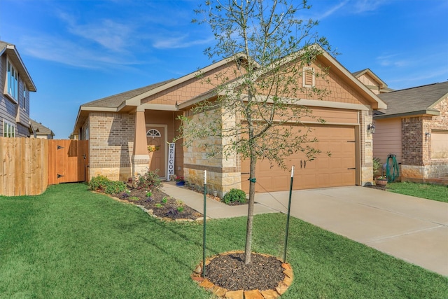 ranch-style house featuring a garage, driveway, fence, a front lawn, and brick siding