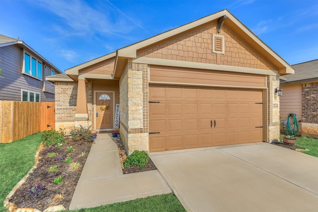 view of front of home featuring a garage, brick siding, fence, concrete driveway, and stone siding