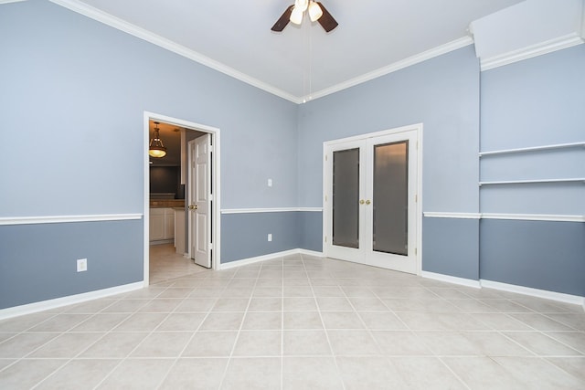 unfurnished bedroom with ornamental molding, french doors, light tile patterned floors, and baseboards