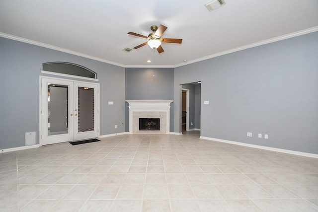 unfurnished living room featuring light tile patterned floors, visible vents, baseboards, ornamental molding, and french doors