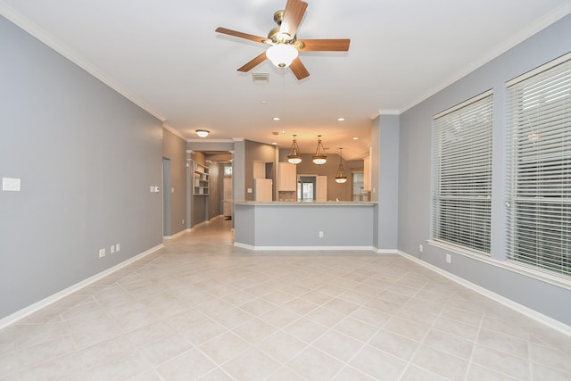 unfurnished living room with visible vents, ornamental molding, and baseboards