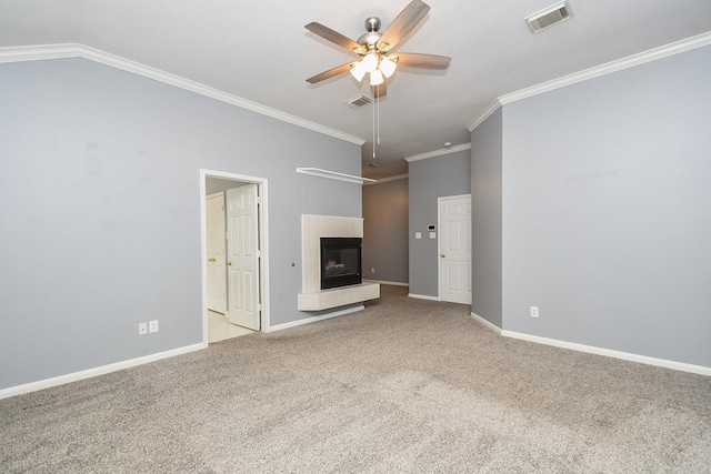 unfurnished living room featuring light carpet, ceiling fan, visible vents, and a tiled fireplace