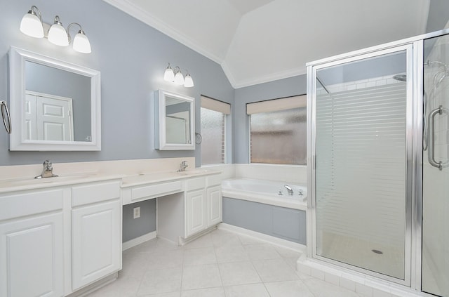 bathroom featuring tile patterned flooring, vaulted ceiling, a bath, a stall shower, and crown molding