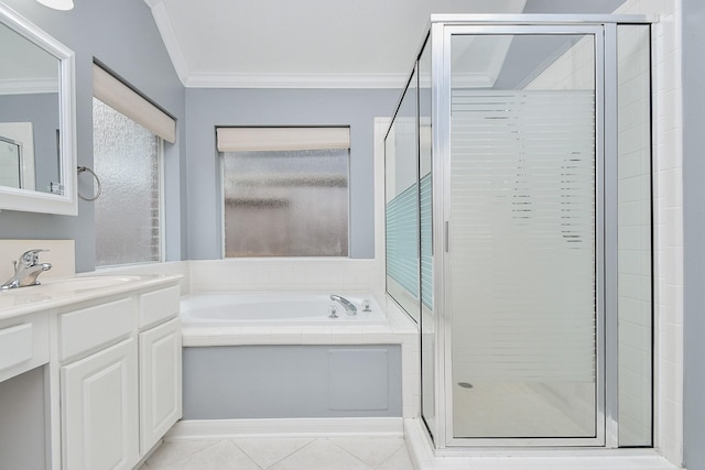 bathroom featuring a garden tub, ornamental molding, a stall shower, vanity, and tile patterned flooring