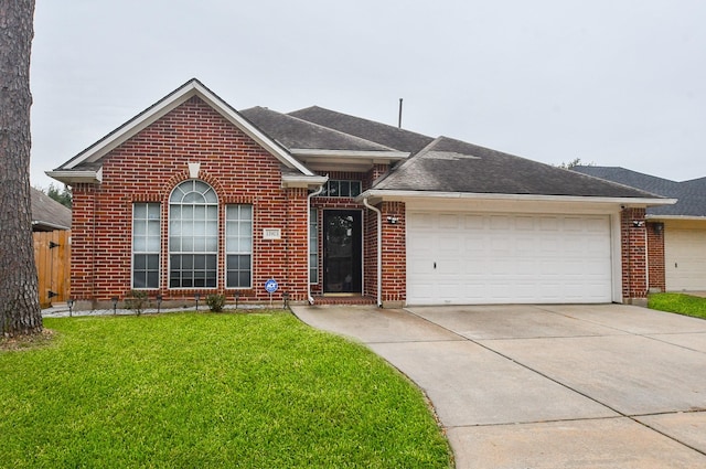 ranch-style house with a garage, brick siding, driveway, and a front lawn