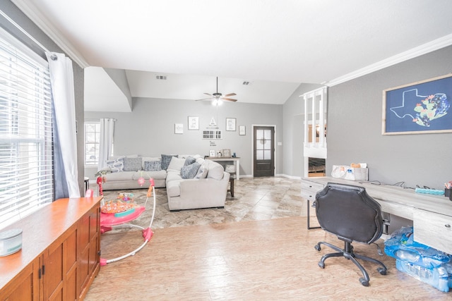 office space featuring ornamental molding, lofted ceiling, visible vents, and a fireplace