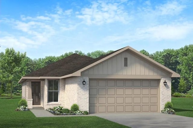 ranch-style house with a garage, driveway, a front yard, and brick siding