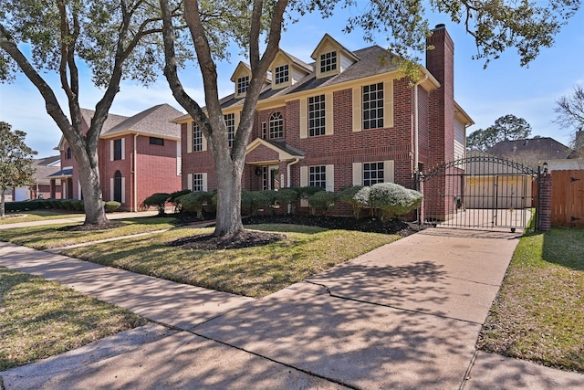 georgian-style home with brick siding, fence, a front yard, and a gate