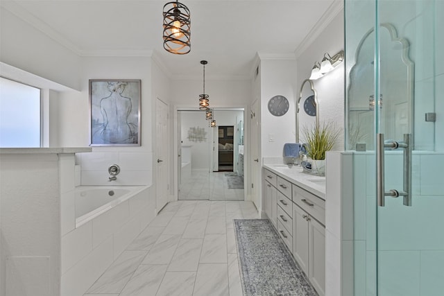 ensuite bathroom featuring double vanity, a shower stall, crown molding, a bath, and connected bathroom