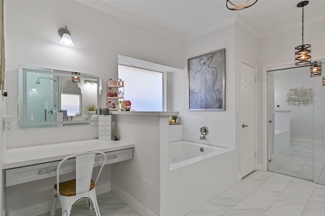 bathroom with crown molding and a garden tub