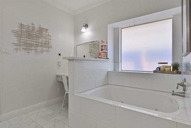 bathroom with a tub with jets, marble finish floor, baseboards, and ornamental molding