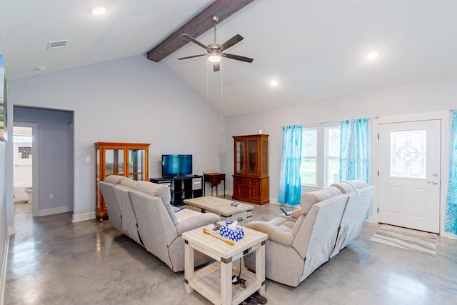 living room featuring beam ceiling, recessed lighting, visible vents, concrete floors, and baseboards