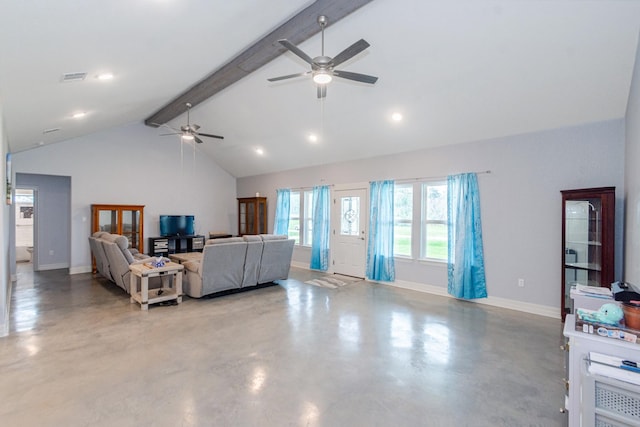 living room featuring visible vents, ceiling fan, concrete flooring, beamed ceiling, and baseboards