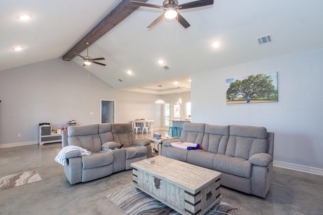 living area featuring lofted ceiling with beams, visible vents, finished concrete floors, and baseboards