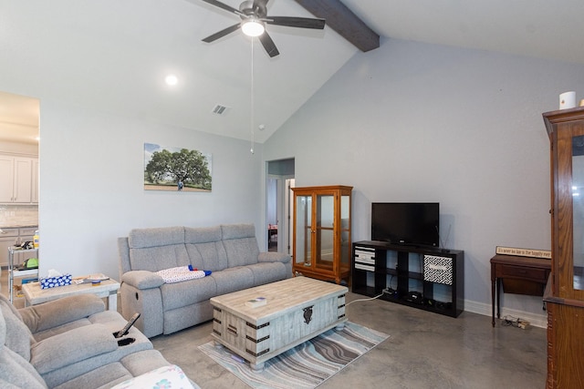 living area with baseboards, visible vents, a ceiling fan, beamed ceiling, and concrete flooring