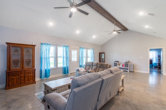 living room with visible vents, baseboards, a ceiling fan, beamed ceiling, and concrete flooring