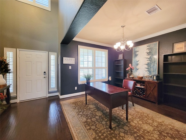1904 Emerald Breeze Ct, Pearland, TX 77089 - office space with ornamental molding, visible vents, a chandelier, wood finished floors, and baseboards