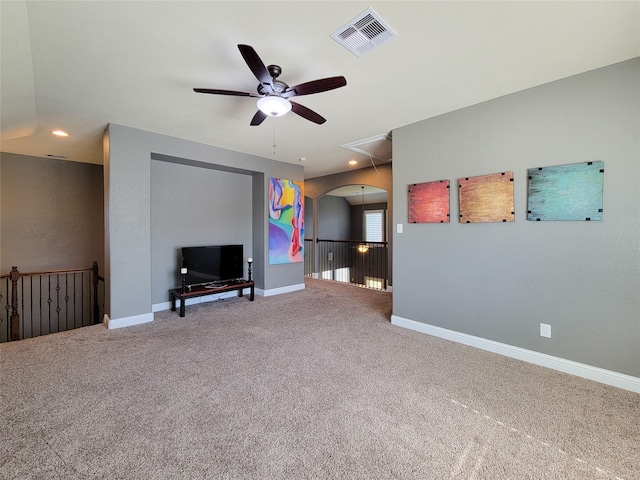 1904 Emerald Breeze Ct, Pearland, TX 77089 - unfurnished living room featuring visible vents, ceiling fan, carpet, recessed lighting, and attic access