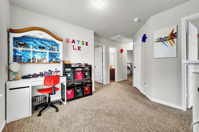 carpeted office featuring baseboards