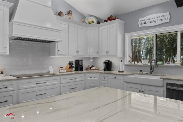6270 US Highway 259 N, Naples, TX 75568 - kitchen featuring white cabinets, black appliances, a sink, and custom exhaust hood