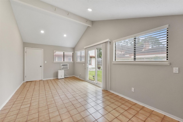 spare room featuring vaulted ceiling with beams, light tile patterned floors, recessed lighting, a wall mounted AC, and baseboards