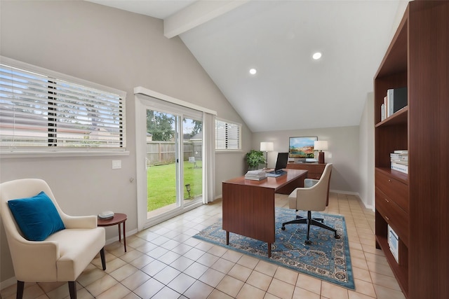 office area with recessed lighting, lofted ceiling with beams, baseboards, and light tile patterned floors