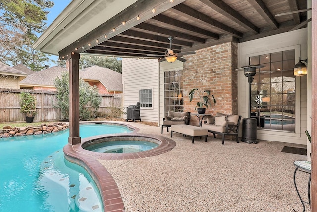 8014 Northbridge Cir, Spring, TX 77379 - view of pool with fence, a ceiling fan, a patio, and a pool with connected hot tub