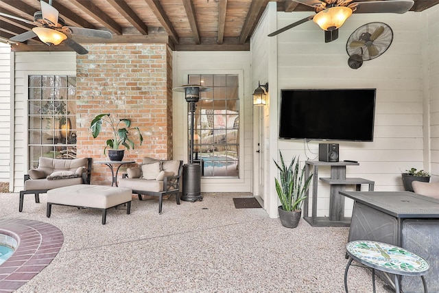 8014 Northbridge Cir, Spring, TX 77379 - living room with ceiling fan, beamed ceiling, wooden ceiling, and speckled floor