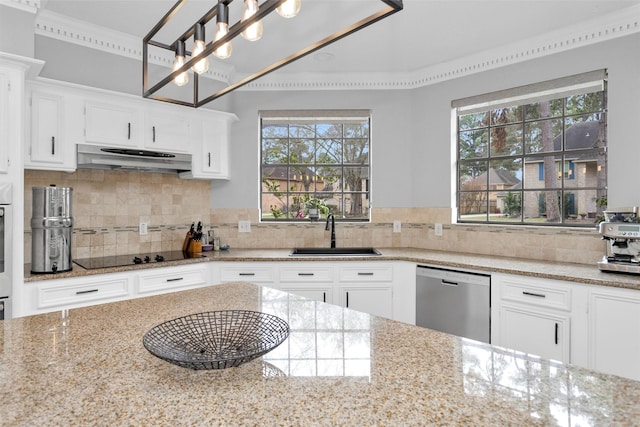 8014 Northbridge Cir, Spring, TX 77379 - kitchen with dishwasher, a sink, black electric cooktop, tasteful backsplash, and white cabinetry