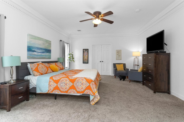 8014 Northbridge Cir, Spring, TX 77379 - bedroom featuring crown molding, light carpet, a ceiling fan, and a closet