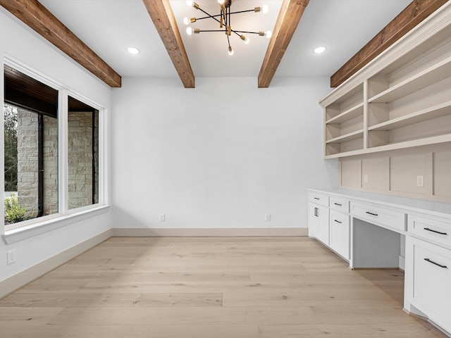 15681 Connie Ln, Montgomery, TX 77316 - unfurnished office with a chandelier, plenty of natural light, beam ceiling, and light wood-style floors
